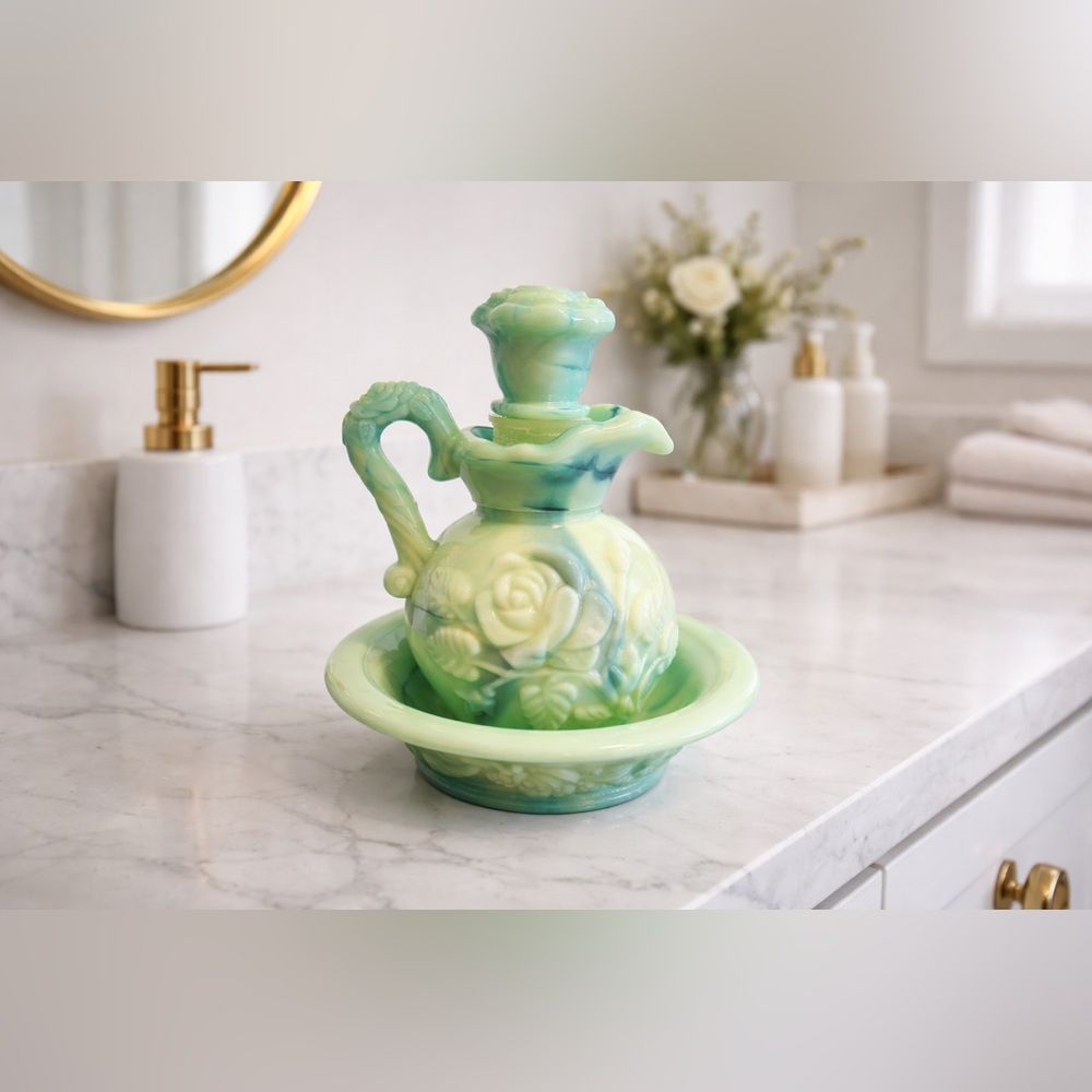 Avon Slag Glass Pitcher & Basin Set – Jadeite Green Swirl with Rose Stopper